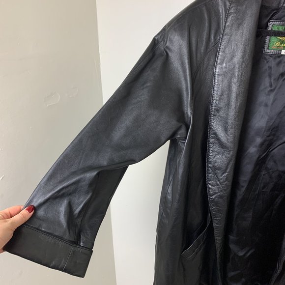 Vintage Russel Lawrence black oversized open leather jacket cuff sleeve medium - Picture 2 of 8